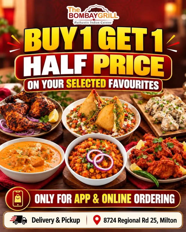 The Bombay Grill: Buy 1 Get 1 Half Price on your selected favourites, only for app and online ordering